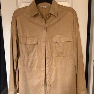 Max Studio Tan Utility Jacket Shacket Size Small Stretch Button Front Jacket